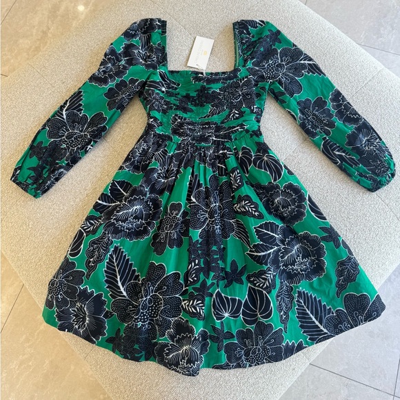NWT Caroline Constas Kelly Green Floral Smocked Puff Sleeve Dress XS - Picture 1 of 5